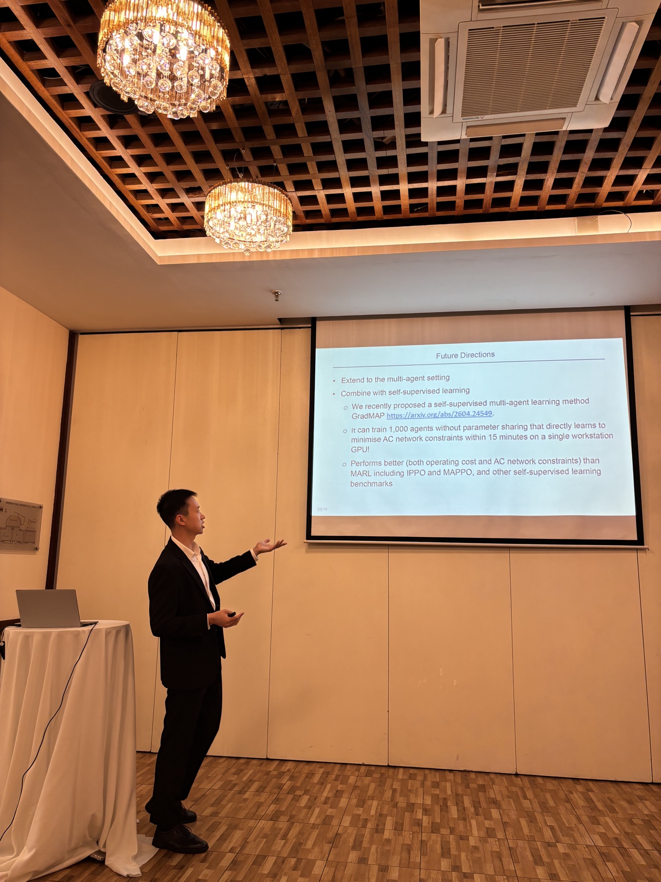 Yihong Zhou presenting supervised reinforcement learning for distributed energy resources at PSCC 2026